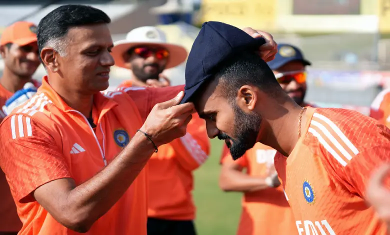 Akash Deep gets his Test cap from Head Coach Rahul Dravid