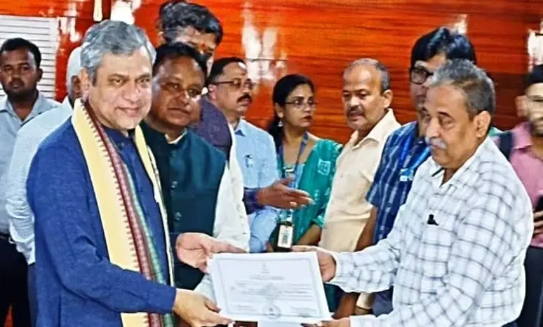 Union Railways Minister Ashwini Vaishnaw receives the certificate of election after being elected as a Rajya Sabha MP, on Tuesday