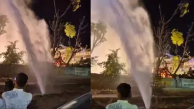 Wedding guests in Nagaur, India dance and sing as water erupts from a burst pipe, soaking the ceremony venue