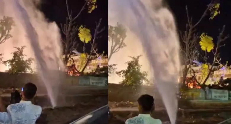 Wedding guests in Nagaur, India dance and sing as water erupts from a burst pipe, soaking the ceremony venue