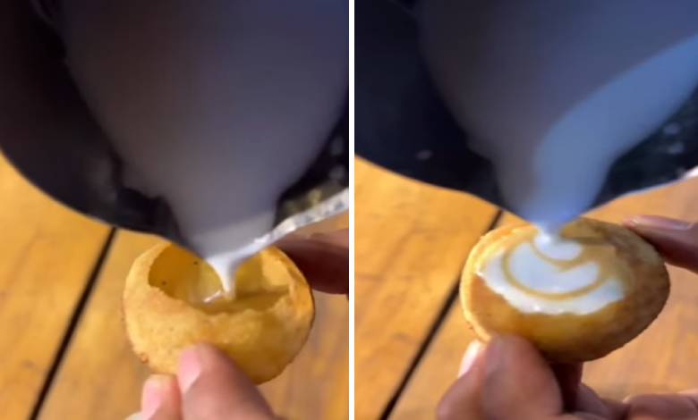 Artist creating latte art in a pani puri”