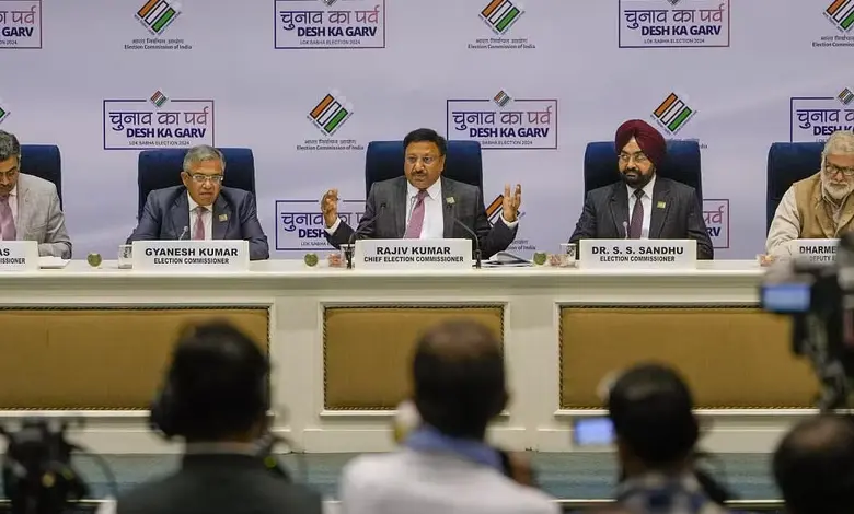 Polling officials overseeing the nomination filing process for Lok Sabha elections in India