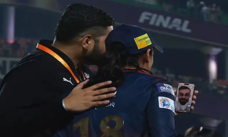 Virat Kohli celebrating virtually with Smriti Mandhana and the RCB WPL champions