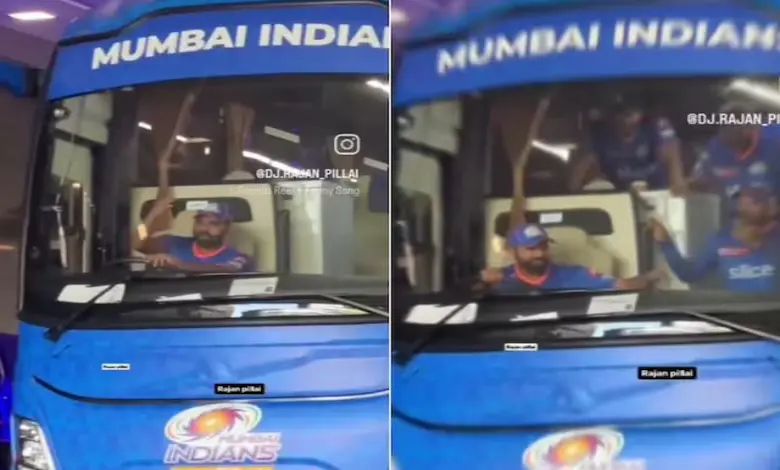 Rohit Sharma driving Mumbai Indians team bus