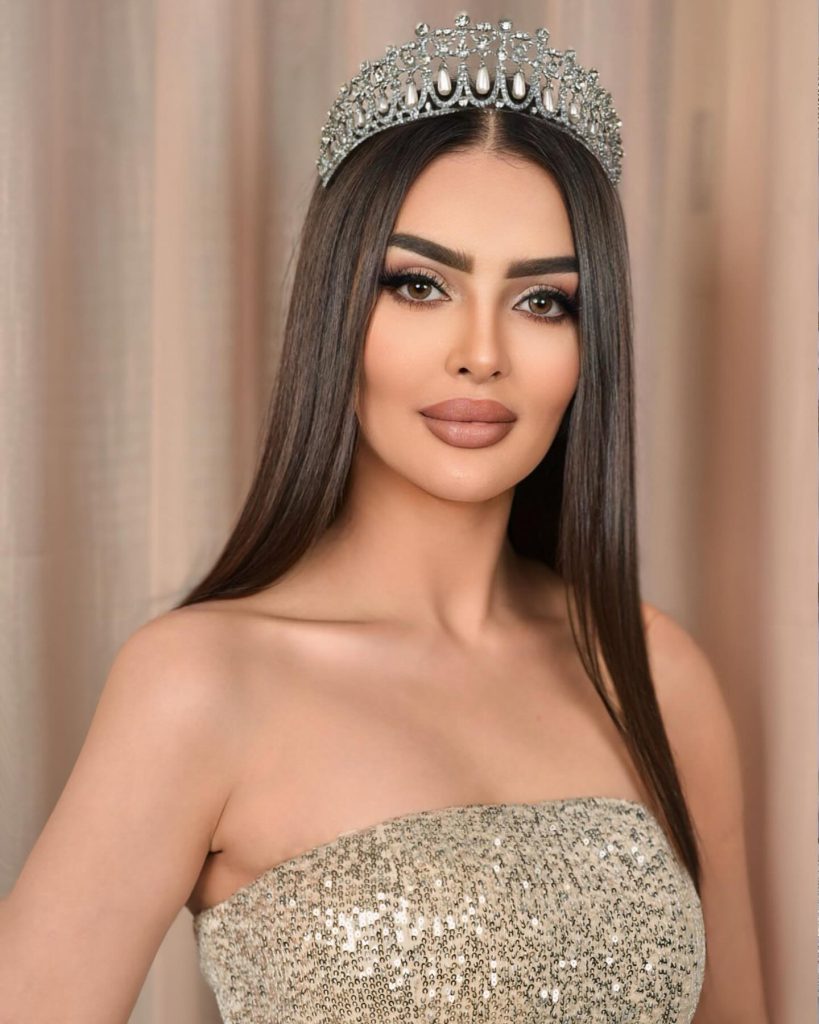 Rumi Alqahtani and Miss Universe logo with a ‘truth revealed’ sign in Gujarati