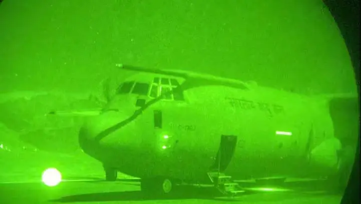 C-130J fighter plane landing at night with the help of night vision goggles, watch the video
