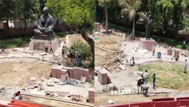 Congress protests removal statues Gandhi Ambedkar Parliament