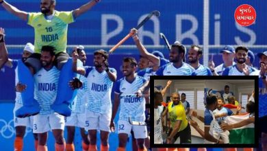 In the dressing room, the Indian hockey players danced profusely, waving the national flag