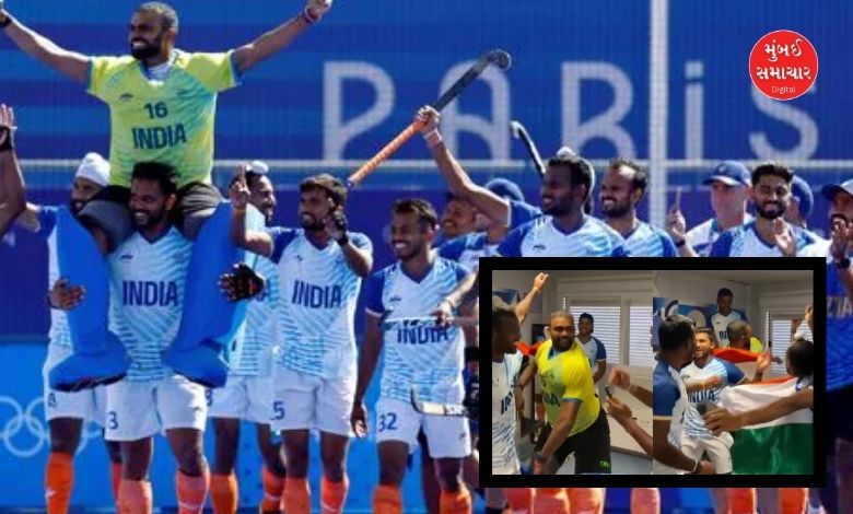 In the dressing room, the Indian hockey players danced profusely, waving the national flag