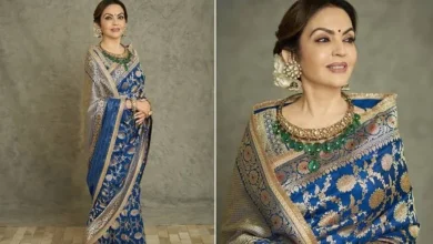 Nita Ambani looks in blue saree and amboda with rose...