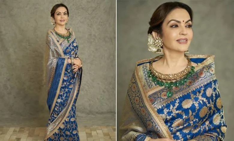 Nita Ambani looks in blue saree and amboda with rose...