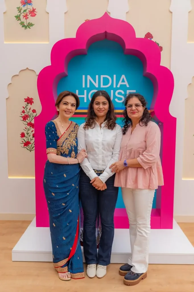 Nita Ambani looks in blue saree and amboda with rose...