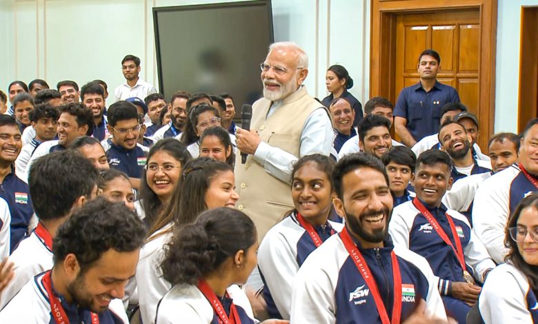 PM Modi in a joking mood with Paralympics medal winning athletes...