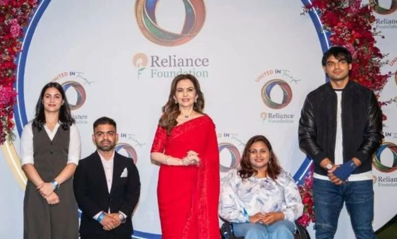 Nita Ambani poses with Manu Bhaker, Neeraj Chopra and Paralympics medallists