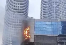 Firefighters battling a blaze at Times Tower in Lower Parel, Mumbai