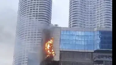 Firefighters battling a blaze at Times Tower in Lower Parel, Mumbai