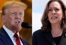 kamala harris and donald trump debating on stage