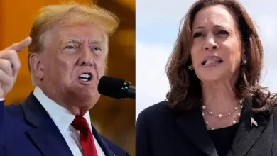 kamala harris and donald trump debating on stage