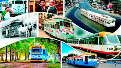 "vintage kolkata tram disappearing into the distance with silver bells ringing"