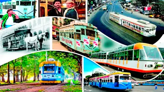 "vintage kolkata tram disappearing into the distance with silver bells ringing"