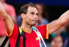 Rafael Nadal holding his retirement press conference or a photo of Nadal with his tennis trophies