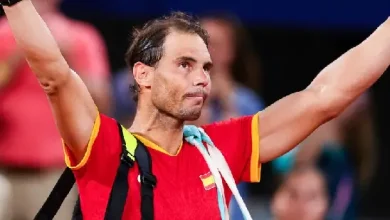 Rafael Nadal holding his retirement press conference or a photo of Nadal with his tennis trophies