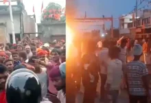 Police personnel deployed after clashes during Durga Visarjan in Bahraich, UP