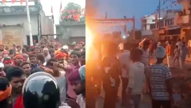 Police personnel deployed after clashes during Durga Visarjan in Bahraich, UP