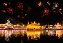 Golden temple decorated with lights on Guru Nanak Jayanthi