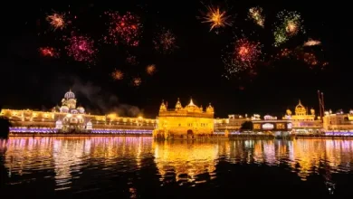 Golden temple decorated with lights on Guru Nanak Jayanthi