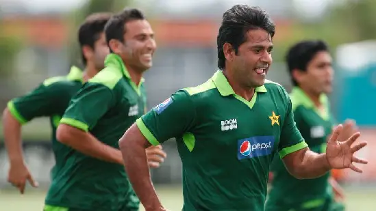 aaqib javed and jason gillespie during a cricket match