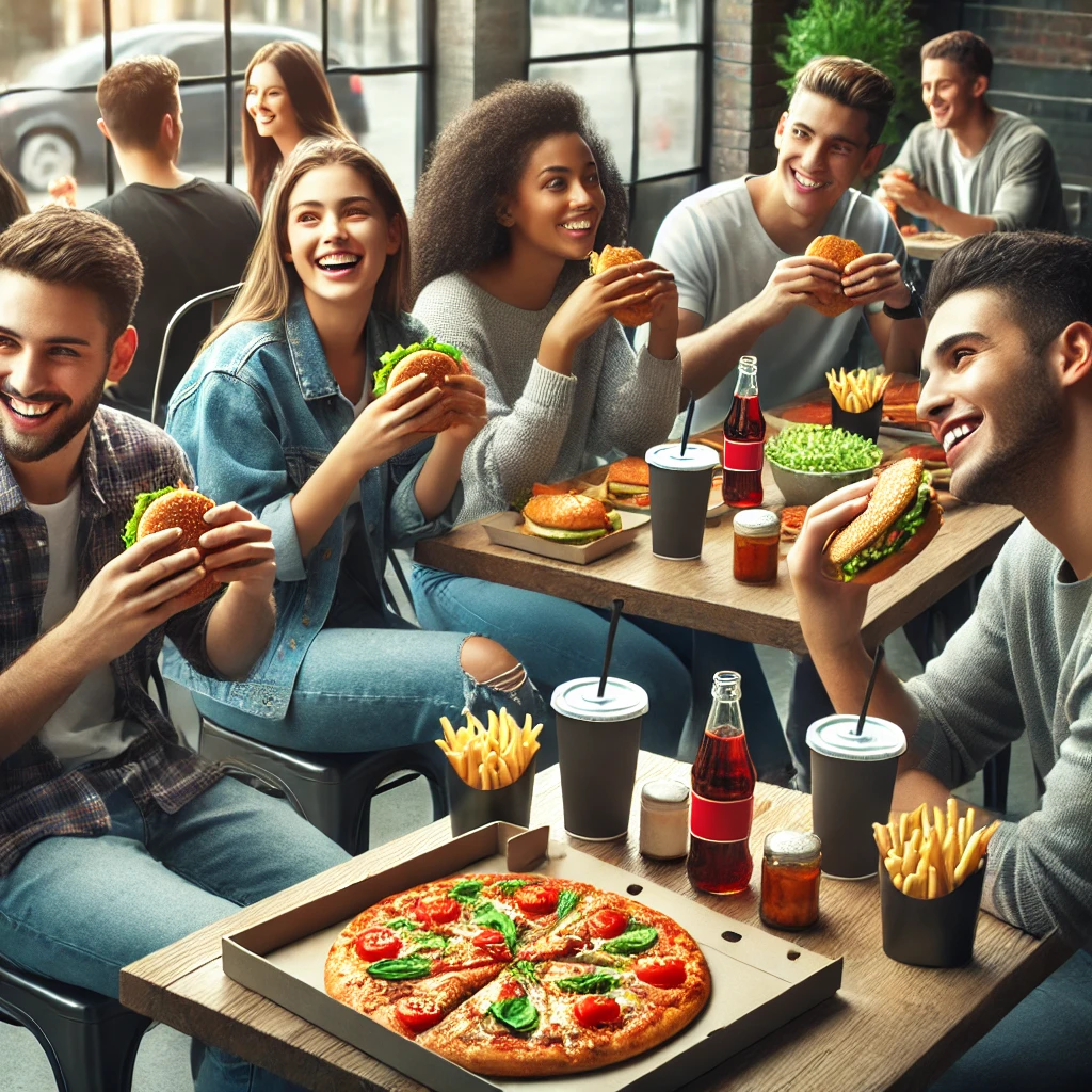 DALL·E 2024-12-09 14.01.51 - A realistic scene showing a group of people sitting in a modern fast-food restaurant, enjoying a variety of junk food. The individuals are of diverse