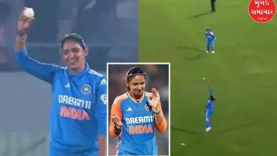 Harmanpreet Kaur makes an incredible one-handed catch in a cricket match.