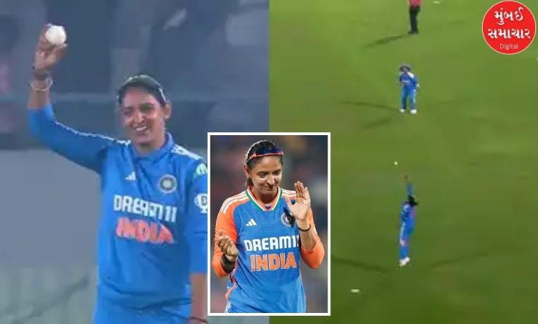 Harmanpreet Kaur makes an incredible one-handed catch in a cricket match.