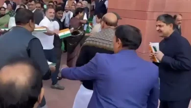 Rahul Gandhi offers flower to Rajnathsinh