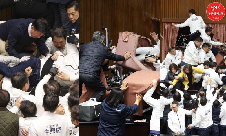 Taiwan parliament in turmoil as opposition party storms speaker's chair."