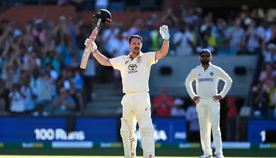 "Australia celebrates victory over India in Adelaide Oval Test match."