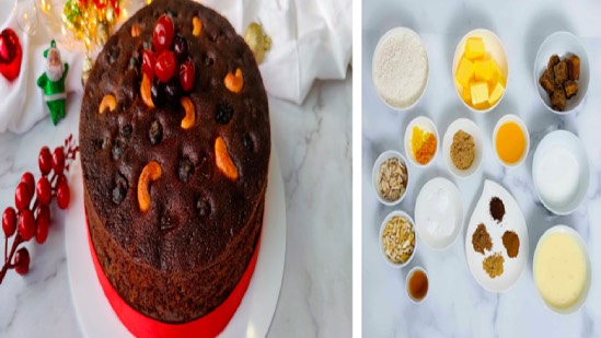 Slice of Christmas cake with fruits and nuts