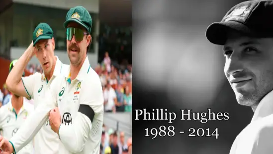 Australian players wearing black armbands for Phillip Hughes