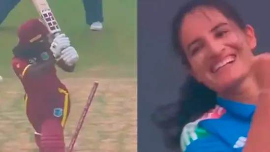 Renuka Singh celebrates after taking Deandra Dottin's wicket with an inswinger