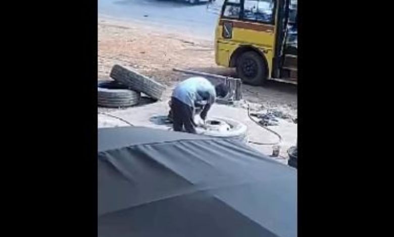 Shocking video shows young man injured after tire burst.