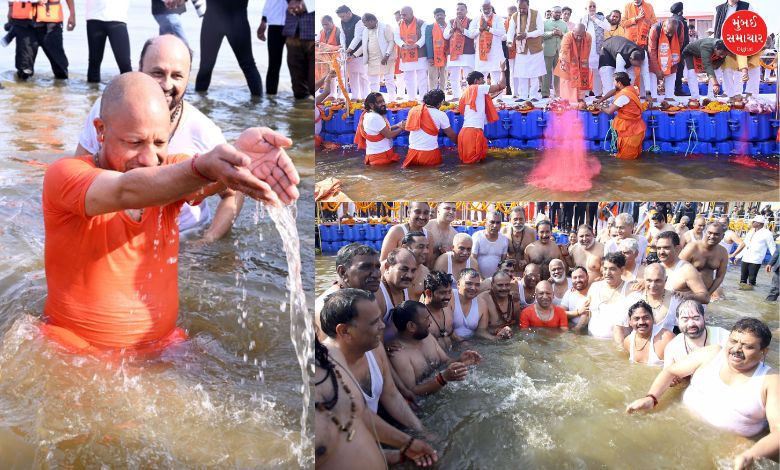 CM yogi with his furniture  takes beatified  dip successful  sangam