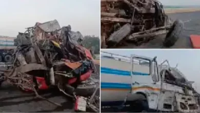 Aftermath of a fatal bus and tanker collision in Gujarat.