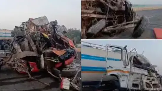 Aftermath of a fatal bus and tanker collision in Gujarat.