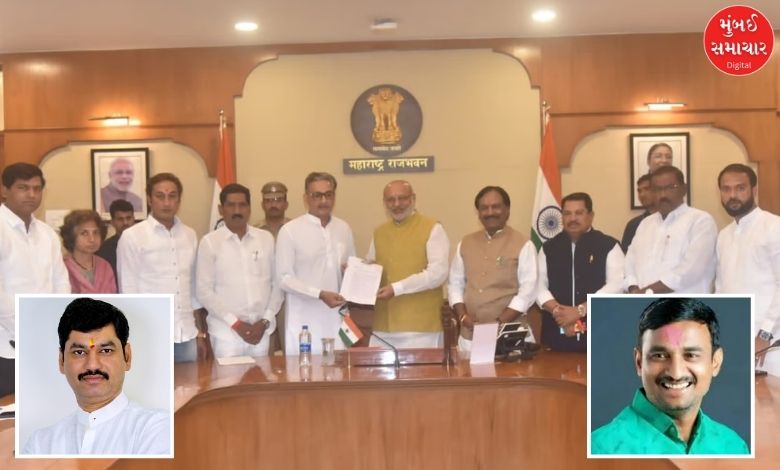 Leaders meeting Governor C.P. Radhakrishnan regarding Beed Sarpanch murder case and Dhananjay Munde's resignation.