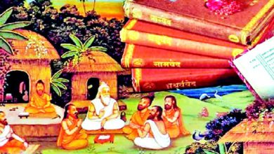 Ancient Sanskrit manuscripts depicting spiritual teachings from the Puranas and Epics.