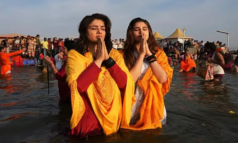 Raveena Tandon and Rasha Thadani Take a Dip in Sangam at Mahakumbh