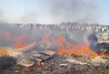 "Air Force trainer plane crash scene in Shivpuri with both pilots safe after the incident."