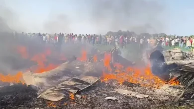 "Air Force trainer plane crash scene in Shivpuri with both pilots safe after the incident."