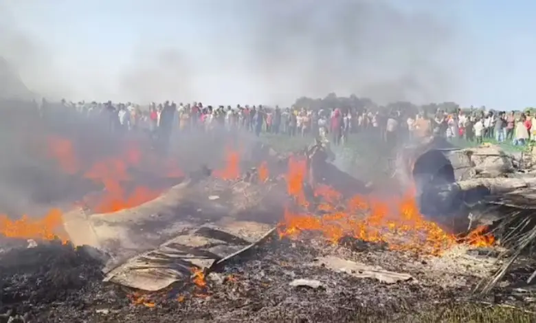 "Air Force trainer plane crash scene in Shivpuri with both pilots safe after the incident."